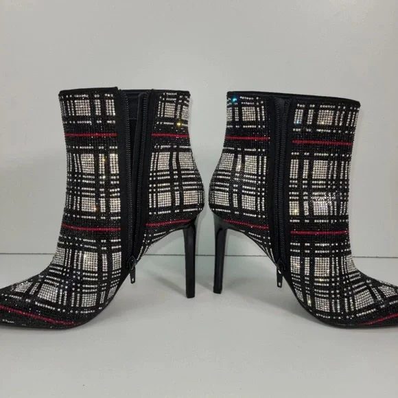 INC International Concepts Plaid BLING Ankle Boots Black,Silver, Red NWOB Sz 5 - Picture 5 of 8